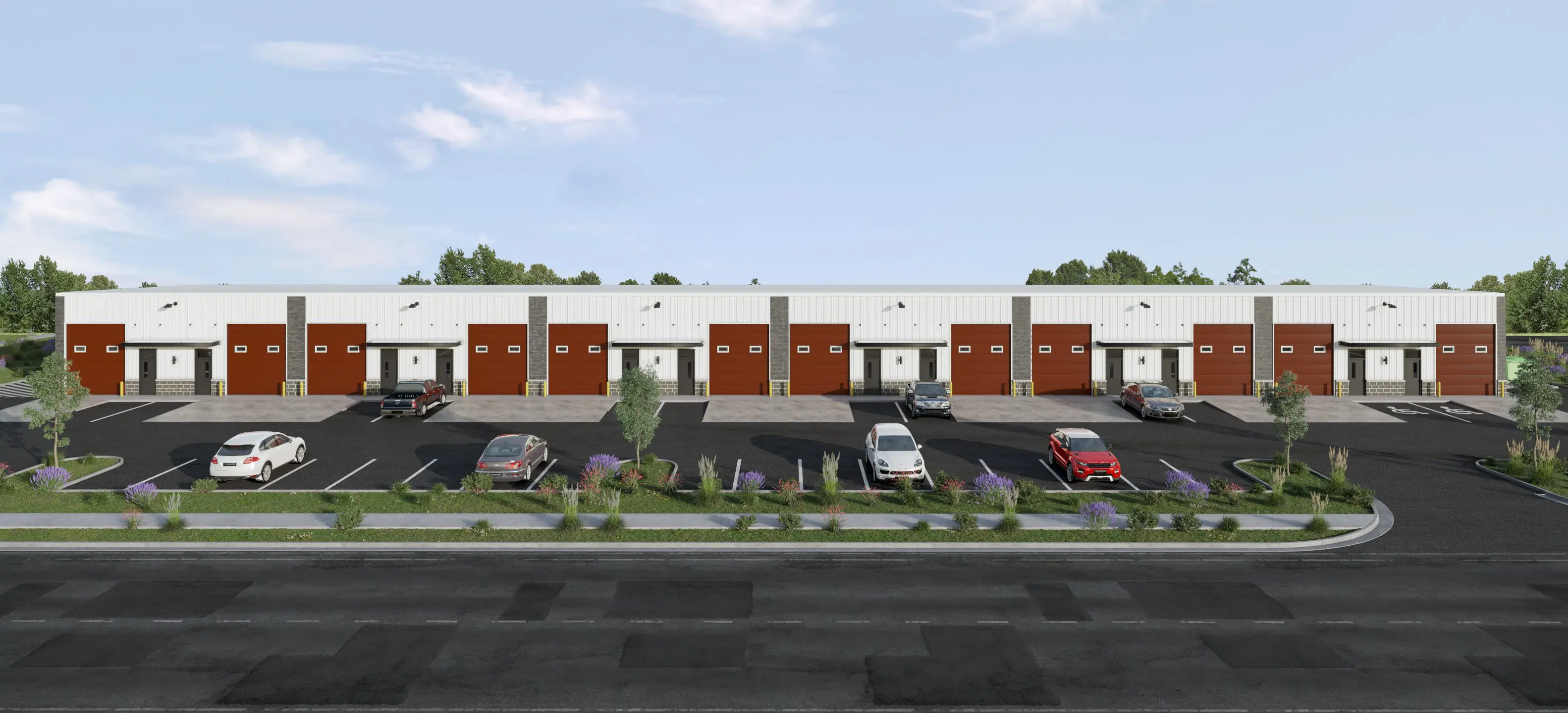 Modern townhouses with carports and parked cars under a sunny sky.